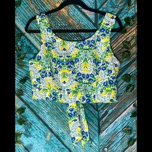 Plenty By Tracy Reese Blue & Green Floral Tie Crop Top